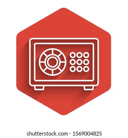 White line Safe icon isolated with long shadow. The door safe a bank vault with a combination lock. Reliable Data Protection. Red hexagon button. Vector Illustration