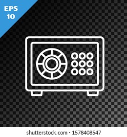 White line Safe icon isolated on transparent dark background. The door safe a bank vault with a combination lock. Reliable Data Protection.  Vector Illustration