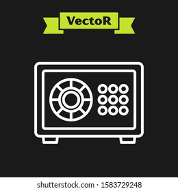 White line Safe icon isolated on black background. The door safe a bank vault with a combination lock. Reliable Data Protection.  Vector Illustration