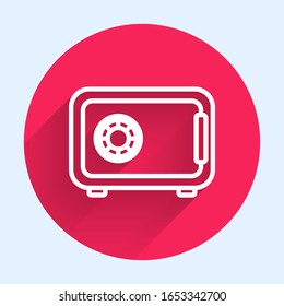 White line Safe icon isolated with long shadow. The door safe a bank vault with a combination lock. Reliable Data Protection. Red circle button. Vector Illustration