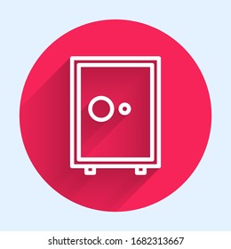 Die weiße Linie Safe Symbol einzeln auf langen Schatten. Die Tür sichert eine Bank mit einem Kombinationsschloss. Zuverlässiger Datenschutz. Roter Kreis-Knopf. Vektorillustration-Illustration