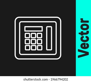 White line Safe icon isolated on black background. The door safe a bank vault with a combination lock. Reliable Data Protection.  Vector Illustration