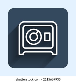 White line Safe icon isolated with long shadow background. The door safe a bank vault with a combination lock. Reliable Data Protection. Blue square button. Vector