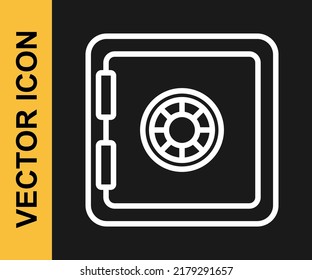 Icono de la línea blanca Safe aislado en el fondo negro. La puerta protege una bóveda de banco con una cerradura combinada. Protección de datos fiable.  Vector
