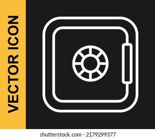 White line Safe icon isolated on black background. The door safe a bank vault with a combination lock. Reliable Data Protection.  Vector