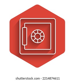 White Line Safe Icon Isolated With Long Shadow. The Door Safe A Bank Vault With A Combination Lock. Reliable Data Protection. Red Hexagon Button. Vector