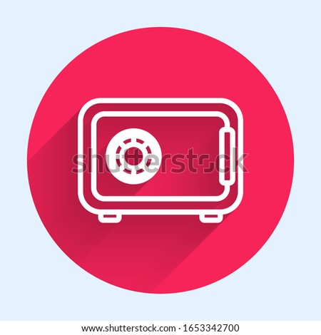 White line Safe icon isolated with long shadow. The door safe a bank vault with a combination lock. Reliable Data Protection. Red circle button. Vector Illustration