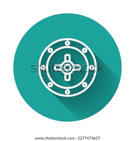 White line Safe icon isolated with long shadow background. The door safe a bank vault with a combination lock. Reliable Data Protection. Green circle button. Vector