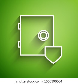 White line Safe with shield icon isolated on green background. Insurance concept. Security, safety, protection, protect concept.  Vector Illustration