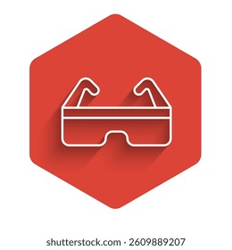White line Safety goggle glasses icon isolated with long shadow. Red hexagon button. Vector