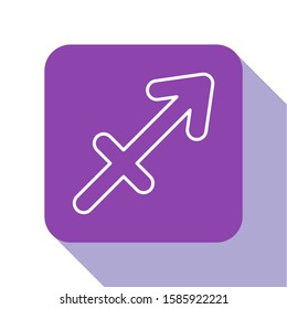 White line Sagittarius zodiac sign icon isolated on white background. Astrological horoscope collection. Purple square button. Vector Illustration