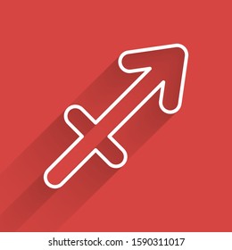 White line Sagittarius zodiac sign icon isolated with long shadow. Astrological horoscope collection.  Vector Illustration