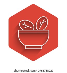 White line Salad in bowl icon isolated with long shadow. Fresh vegetable salad. Healthy eating. Red hexagon button. Vector