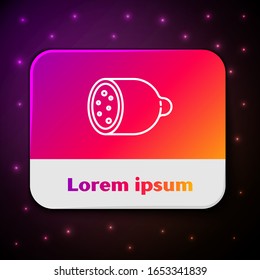 White line Salami sausage icon isolated on black background. Meat delicatessen product. Rectangle color button. Vector Illustration