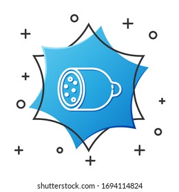 White line Salami sausage icon isolated on white background. Meat delicatessen product. Blue hexagon button. Vector Illustration