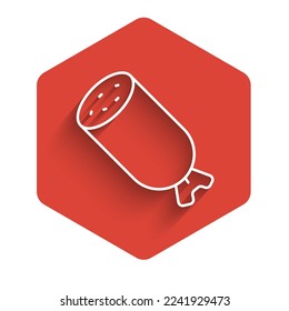 White line Salami sausage icon isolated with long shadow background. Meat delicatessen product. Red hexagon button. Vector