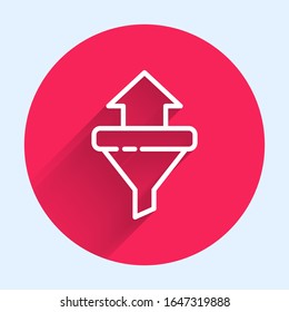 White line Sales funnel with arrows for marketing and startup business icon isolated with long shadow. Infographic template. Red circle button. Vector Illustration