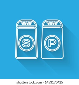 White line Salt and pepper icon isolated with long shadow. Cooking spices.  Vector Illustration