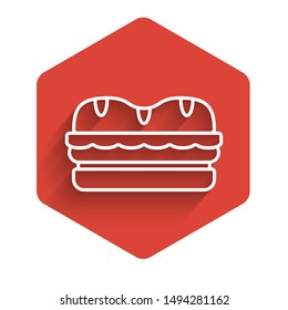 White line Sandwich icon isolated with long shadow. Hamburger icon. Burger food symbol. Cheeseburger sign. Street fast food menu. Red hexagon button. Vector Illustration
