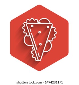 White line Sandwich icon isolated with long shadow. Hamburger icon. Burger food symbol. Cheeseburger sign. Street fast food menu. Red hexagon button. Vector Illustration