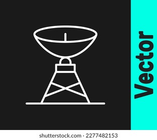 Weiße Linie Satellitenschüssel Symbol einzeln auf schwarzem Hintergrund. Radioantenne, Astronomie und Weltraumforschung.  Vektorgrafik