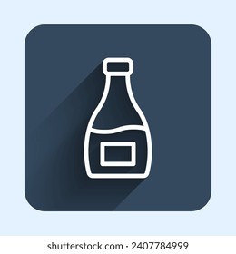 White line Sauce bottle icon isolated with long shadow background. Ketchup, mustard and mayonnaise bottles with sauce for fast food. Blue square button. Vector