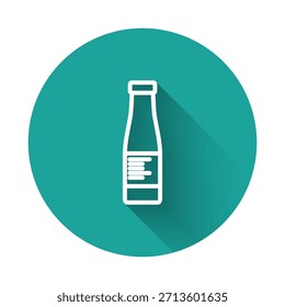 White line Sauce bottle icon isolated with long shadow. Ketchup, mustard and mayonnaise bottles with sauce for fast food. Green circle button. Vector