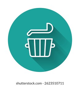 White line Sauna bucket and ladle icon isolated with long shadow. Green circle button. Vector