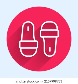 White line Sauna slippers icon isolated with long shadow background. Red circle button. Vector