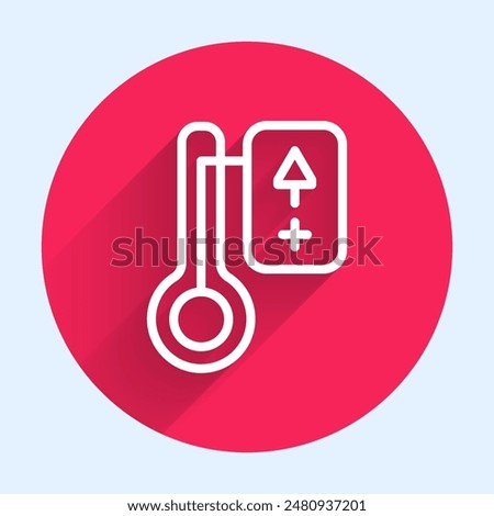 White line Sauna thermometer icon isolated with long shadow background. Sauna and bath equipment. Red circle button. Vector