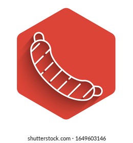 White line Sausage icon isolated with long shadow. Grilled sausage and aroma sign. Red hexagon button. Vector Illustration