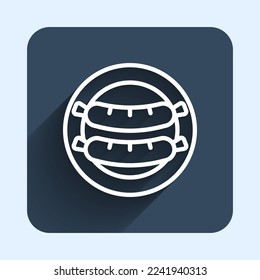 White line Sausage icon isolated with long shadow background. Grilled sausage and aroma sign. Blue square button. Vector