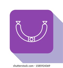 White line Sausage with steam icon isolated on white background. Grilled sausage and aroma sign. Purple square button. Vector Illustration