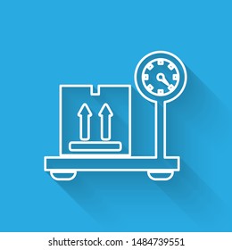 White line Scale with cardboard box icon isolated with long shadow. Logistic and delivery. Weight of delivery package on a scale.  Vector Illustration