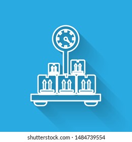 White line Scale with cardboard box icon isolated with long shadow. Logistic and delivery. Weight of delivery package on a scale.  Vector Illustration