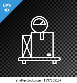 White line Scale with cardboard box icon isolated on transparent dark background. Logistic and delivery. Weight of delivery package on a scale.  Vector Illustration