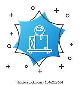 White line Scale with cardboard box icon isolated on white background. Logistic and delivery. Weight of delivery package on a scale. Blue hexagon button. Vector Illustration