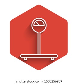White line Scale icon isolated with long shadow. Logistic and delivery. Weight of delivery package on a scale. Red hexagon button. Vector Illustration