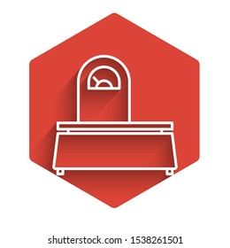 White line Scales icon isolated with long shadow. Weight measure equipment. Red hexagon button. Vector Illustration