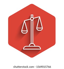 White line Scales of justice icon isolated with long shadow. Court of law symbol. Balance scale sign. Red hexagon button. Vector Illustration