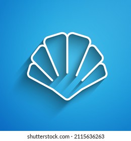 White line Scallop sea shell icon isolated on blue background. Seashell sign. Long shadow. Vector