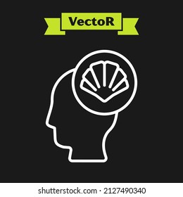 White line Scallop sea shell icon isolated on black background. Seashell sign.  Vector
