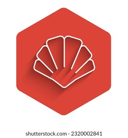 White line Scallop sea shell icon isolated with long shadow. Seashell sign. Red hexagon button. Vector