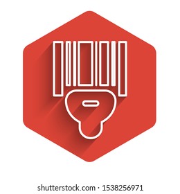 White line Scanner scanning bar code icon isolated with long shadow. Barcode label sticker. Identification for delivery with bars. Red hexagon button. Vector Illustration