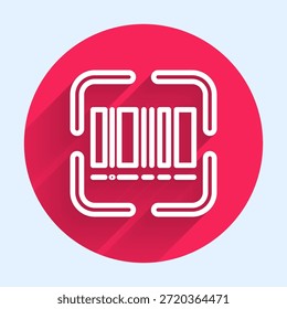 Linha branca Scanner digitalizando ícone de código de barras isolado com sombra longa. Adesivo da etiqueta do código de barras. Identificação para entrega com barras. Botão de círculo vermelho. Vetor