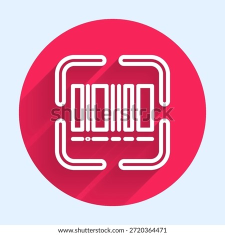White line Scanner scanning bar code icon isolated with long shadow. Barcode label sticker. Identification for delivery with bars. Red circle button. Vector