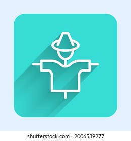 White line Scarecrow icon isolated with long shadow. Green square button. Vector