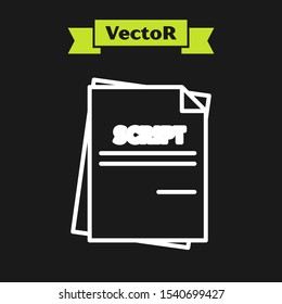 White line Scenario icon isolated on black background. Script reading concept for art project, films, theaters.  Vector Illustration