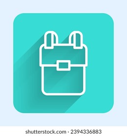 White line School backpack icon isolated with long shadow. Green square button. Vector
