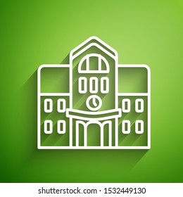 White line School building icon isolated on green background.  Vector Illustration